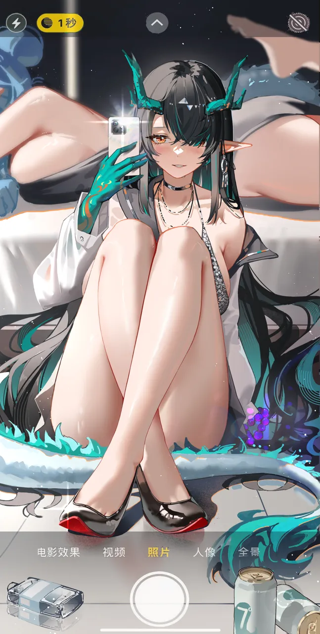 2girls alternate_costume bare_legs barefoot beer_can black_hair black_shoes blue_hair bottle breasts can cocktail_dress crossed_ankles dragon_girl dragon_tail dress drink_can eastern_dragon_horns fake_phone_screenshot fake_screenshot feet green_hands grey_dress holding holding_phone knees_up large_breasts legs long_hair lying multiple_girls on_stomach orange_eyes parted_lips phone pointy_ears selfie shoes sideboob sitting soles tail toe_cleavage toes very_long_hair huade_xiami arknights dusk__arknights ling__arknights