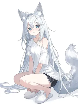 1girl _o animal_ear_fluff animal_ears black_shorts blue_eyes blush fox_ears fox_girl fox_tail full_body hair_between_eyes long_hair looking_at_viewer off_shoulder open_mouth shirt short_shorts short_sleeves shorts simple_background single_bare_shoulder slippers solo squatting t_shirt tail very_long_hair white_background white_hair white_shirt white_slippers karyln