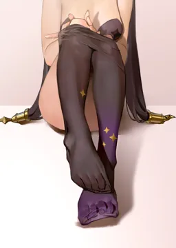 1girl black_hair black_pantyhose breasts cleavage clothes_pull convenient_leg facing_viewer feet foot_focus foreshortening gradient_legwear long_hair lower_body medium_breasts no_shoes pantyhose pantyhose_pull purple_pantyhose sitting solo toes twintails two_tone_legwear undressing midfinger genshin_impact mona__genshin_impact