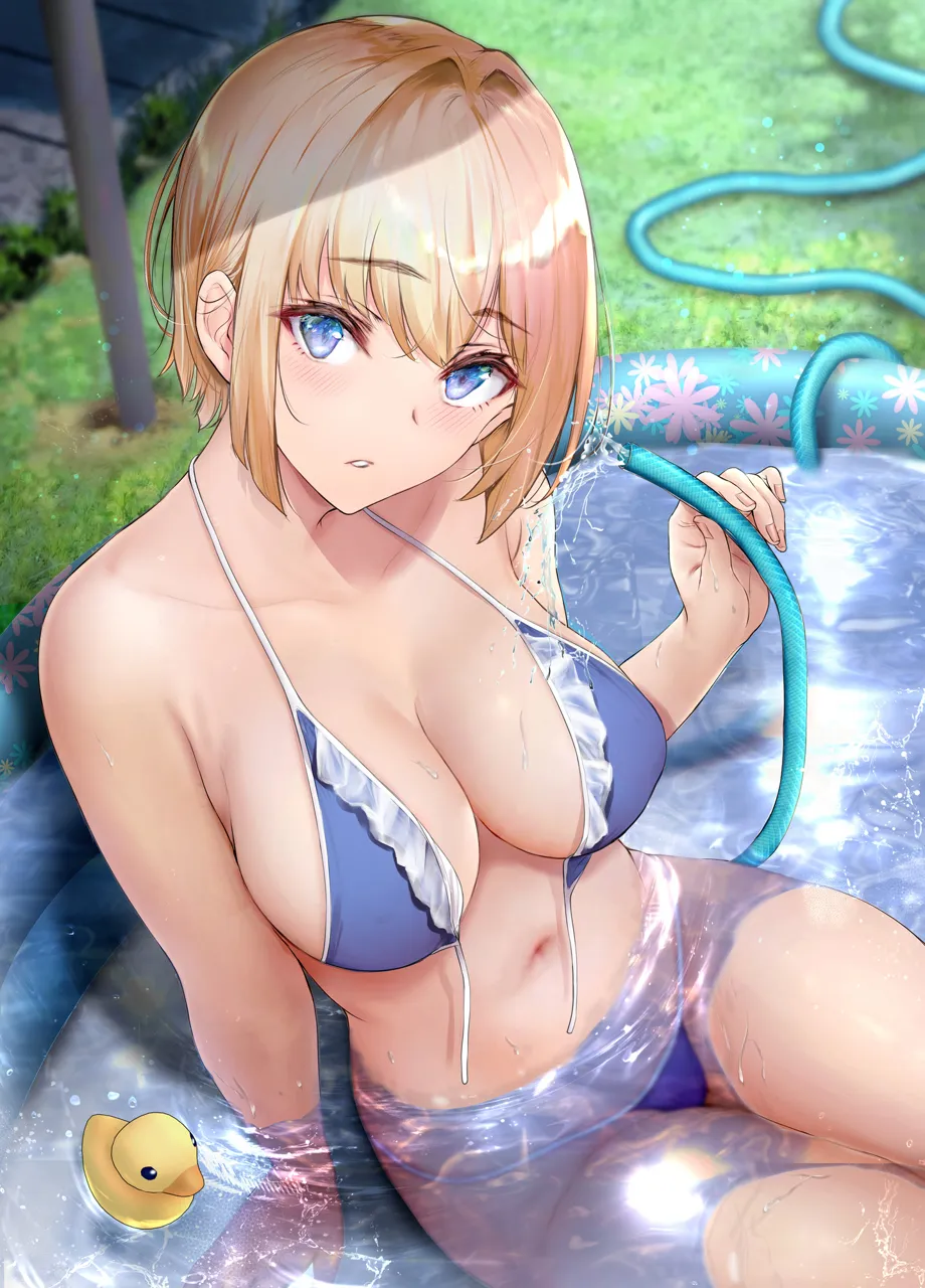 1girl arm_support bare_arms bikini blonde_hair blue_bikini blue_eyes blurry blush breasts cleavage collarbone cowboy_shot depth_of_field frilled_bikini frills gentsuki grass hair_between_eyes hair_intakes halterneck hose large_breasts looking_at_viewer mia_chan__gentsuki navel outdoors parted_lips partially_submerged pool rubber_duck short_hair sitting solo stomach string_bikini swimsuit thighs untied_bikini wading_pool water