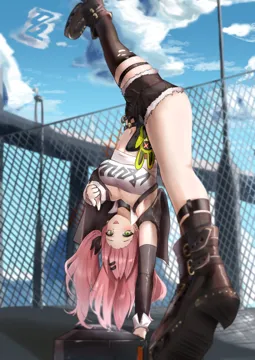 1girl armpits asymmetrical_legwear bangboo__zenless_zone_zero bare_shoulders black_boots black_jacket black_shorts black_socks black_thighhighs blue_sky boots breasts chain_link_fence cleavage cloud crop_top cutoffs day detached_sleeves fence green_eyes hair_ornament hair_ribbon hairclip handstand jacket large_breasts leg_up looking_at_viewer midriff navel one_arm_handstand outdoors pink_hair ribbon short_shorts shorts sky smile socks solo stomach strapless thighhighs thighs tongue tongue_out tube_top upside_down yawww__yawwwart zenless_zone_zero amillion__zenless_zone_zero nicole_demara__zenless_zone_zero