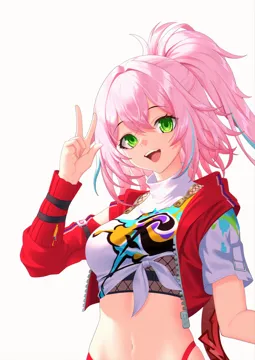 1girl _d blue_hair breasts crop_top green_eyes hand_up jacket looking_at_viewer medium_breasts midriff multicolored_hair navel open_clothes open_jacket open_mouth pink_hair ponytail red_jacket shirt simple_background smile solo stomach streaked_hair tied_shirt upper_body white_background white_shirt sasaki3rd honkai__star_rail honkai__series rappa__honkai__star_rail