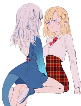 2girls bangs blonde_hair blue_eyes blue_hair blue_hoodie blunt_bangs collared_shirt fish_tail hair_ornament high_waist_skirt light_blush long_hair looking_at_another medium_hair monocle_hair_ornament multicolored_hair multiple_girls necktie plaid plaid_skirt red_necktie shark_hair_ornament shark_hood shark_tail sharp_teeth shirt shoes silver_hair simple_background sitting skirt smile streaked_hair tail two_side_up white_background white_shirt yuri virtual_youtuber gawr_gura watson_amelia
