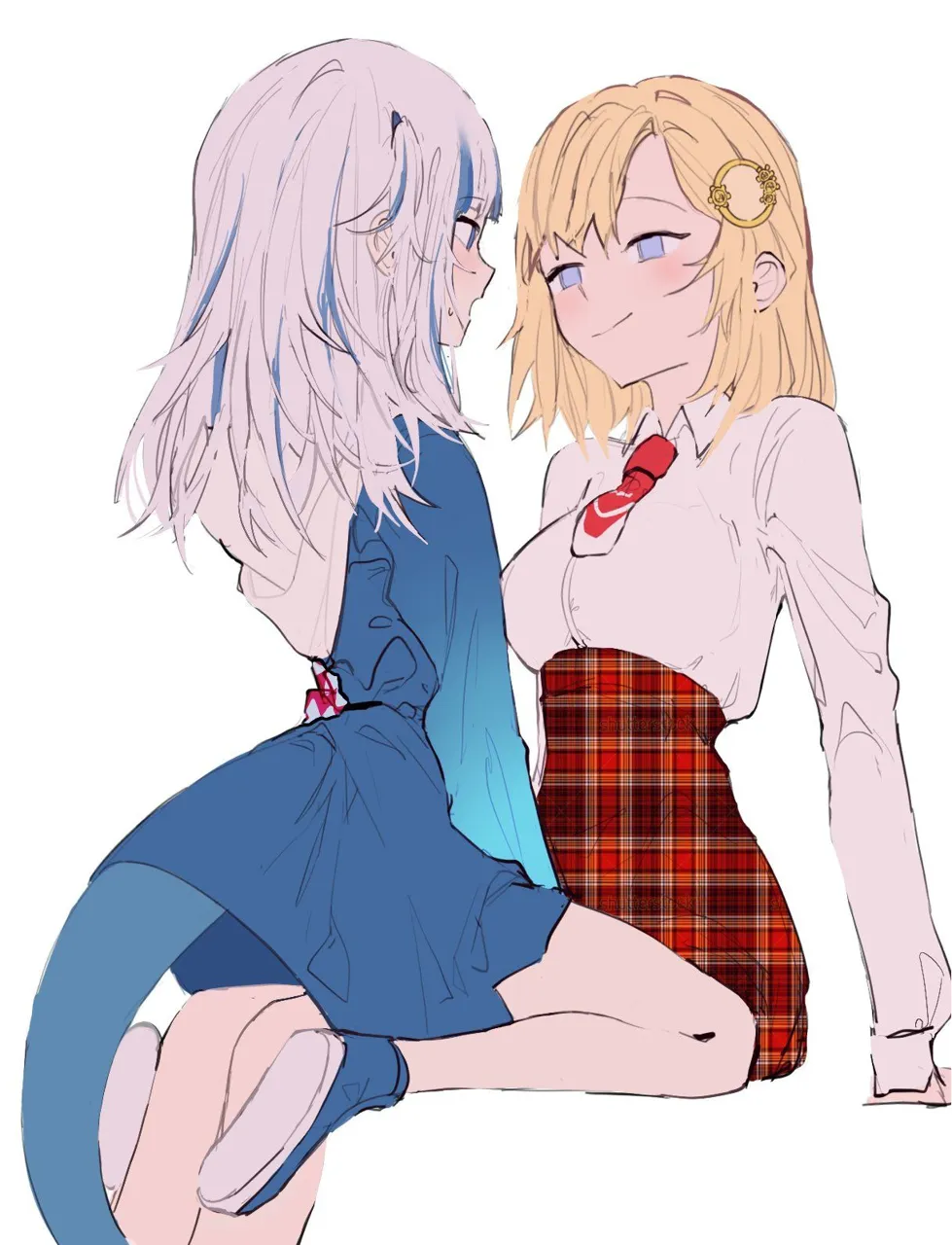 2girls bangs blonde_hair blue_eyes blue_hair blue_hoodie blunt_bangs collared_shirt fish_tail hair_ornament high_waist_skirt light_blush long_hair looking_at_another medium_hair monocle_hair_ornament multicolored_hair multiple_girls necktie plaid plaid_skirt red_necktie shark_hair_ornament shark_hood shark_tail sharp_teeth shirt shoes silver_hair simple_background sitting skirt smile streaked_hair tail two_side_up white_background white_shirt yuri virtual_youtuber gawr_gura watson_amelia