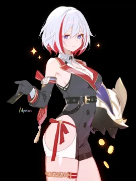 1girl artist_name black_background black_gloves black_unitard blue_eyes breasts card coin colored_inner_hair detached_sleeves from_side gloves gold_coin hip_vent holding holding_card large_breasts looking_at_viewer looking_to_the_side medium_hair multicolored_hair o_ring o_ring_thigh_strap red_hair simple_background smile solo sparkle thigh_strap two_tone_hair white_hair adelie_cat honkai__star_rail honkai__series numby__honkai__star_rail topaz__honkai__star_rail trotter__honkai__star_rail