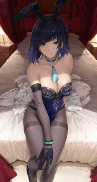 1girl akita_hika animal_ears asymmetrical_gloves bare_shoulders bed black_hair blue_dress blue_hair blue_leotard blush bob_cut breasts cleavage closed_mouth curtains diagonal_bangs dice dress earrings fake_animal_ears fur_trim fur_trimmed_jacket genshin_impact gloves green_eyes grey_pantyhose high_heels highleg highleg_leotard jacket jewelry large_breasts leotard looking_at_viewer mismatched_gloves mole mole_on_breast multicolored_hair neck_ring on_bed pantyhose playboy_bunny rabbit_ears short_hair sitting smile solo tassel thighband_pantyhose thighs two_tone_hair white_jacket yelan__genshin_impact