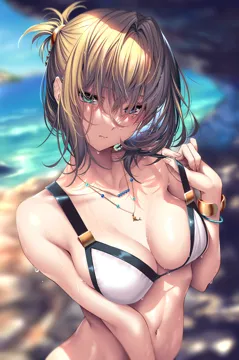 1girl alternate_hairstyle bangle bare_arms bare_shoulders beads bikini blonde_hair blue_eyes blurry blurry_background bracelet breasts cleavage closed_mouth green_eyes hair_between_eyes hair_ornament hair_over_eyes heterochromia idolmaster idolmaster_cinderella_girls jewelry looking_at_viewer medium_breasts messy_hair mole mole_under_eye navel necklace outdoors piromizu ponytail raised_eyebrows short_hair short_ponytail sidelocks solo stomach strap_gap strap_pull swimsuit takagaki_kaede upper_body wet wet_hair