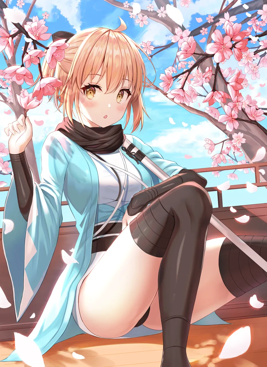 1girl ahoge arm_guards ass black_bow black_panties black_scarf black_thighhighs blonde_hair blue_sky blush bow breasts brown_eyes cherry_blossoms cloud cloudy_sky day feet_out_of_frame flower hair_bow half_updo hand_up haori holding holding_flower japanese_clothes kimono knees_up looking_at_viewer medium_breasts obi outdoors panties parted_lips petals sash scarf shinsengumi short_hair short_kimono sitting sky solo thighhighs thighs tree underwear white_kimono niji__rudduf232 fate_grand_order fate__series okita_souji__fate okita_souji__koha_ace