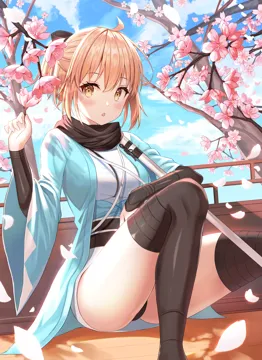 1girl ahoge arm_guards ass black_bow black_panties black_scarf black_thighhighs blonde_hair blue_sky blush bow breasts brown_eyes cherry_blossoms cloud cloudy_sky day feet_out_of_frame flower hair_bow half_updo hand_up haori holding holding_flower japanese_clothes kimono knees_up looking_at_viewer medium_breasts obi outdoors panties parted_lips petals sash scarf shinsengumi short_hair short_kimono sitting sky solo thighhighs thighs tree underwear white_kimono niji__rudduf232 fate_grand_order fate__series okita_souji__fate okita_souji__koha_ace