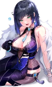 1girl asymmetrical_gloves bare_shoulders black_hair black_pants blue_dress blue_hair blush bob_cut breasts cleavage cleavage_cutout clothing_cutout diagonal_bangs dice dress earrings fur_trim fur_trimmed_jacket genshin_impact gloves green_eyes hominamia jacket jacket_on_shoulders jewelry large_breasts long_sleeves looking_at_viewer mismatched_gloves mole mole_on_breast multicolored_hair neck_ring open_mouth pants pelvic_curtain short_hair sitting smile solo sweat tassel thighs tight_clothes tight_pants two_tone_hair vision__genshin_impact white_jacket yelan__genshin_impact