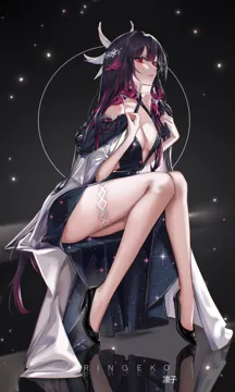 1girl artist_name black_dress black_hair black_shoes breasts cleavage coat coat_on_shoulders collarbone criss_cross_halter dress expressionless eyeliner fatui_coat full_body fur_trim gradient_hair hair_between_eyes hair_ornament hair_over_shoulder hair_ribbon halterneck high_heels knees_together_feet_apart legs lipgloss long_hair looking_at_viewer makeup medium_breasts multicolored_hair no_mask off_shoulder purple_hair red_eyes red_hair reflection reflective_floor ribbon shoes sitting solo sparkle_print thigh_strap very_long_hair white_coat white_ribbon wing_hair_ornament ringeko_chan genshin_impact columbina__genshin_impact