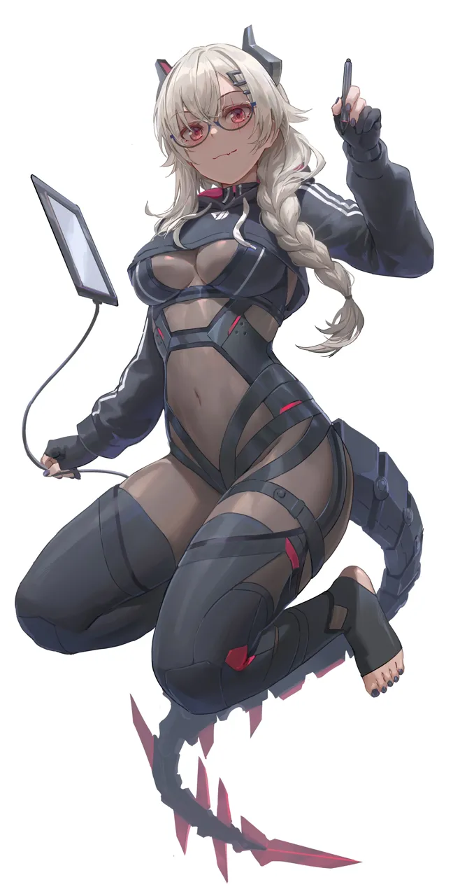 1girl artist_glove black_bodysuit blush bodysuit braid braided_ponytail breasts cable covered_navel feet free_style__yohan1754 glasses gloves hair_ornament hairclip holding holding_stylus indie_virtual_youtuber long_hair long_sleeves looking_at_viewer medium_breasts nail_polish partially_fingerless_gloves red_eyes saruei__vtuber saruei__vtuber__1st_costume simple_background smile solo stirrup_legwear stylus tablet_pc tail toeless_legwear toenail_polish toenails virtual_youtuber white_background white_hair