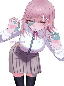 1girl black_thighhighs blush breasts brown_hair collared_shirt flipped_hair hair_ornament long_sleeves looking_at_viewer medium_hair neck_ribbon outstretched_arms pink_eyes pink_ribbon pleated_skirt ribbon shirt skirt solo thighhighs white_shirt zettai_ryouiki zombie zombie_pose su_no__su_no090 danganronpa__series danganronpa_2__goodbye_despair galaga nanami_chiaki__danganronpa