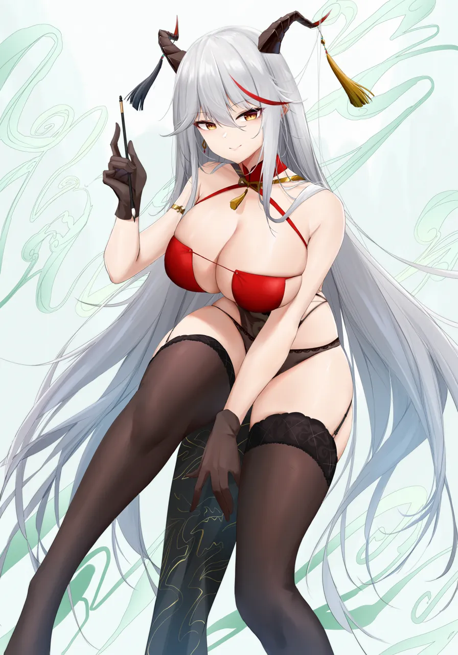 1girl aegir__azur_lane aegir__golden_dragon_among_auspicious_clouds__azur_lane aqua_background armlet azur_lane bare_arms bare_shoulders between_legs black_garter_straps black_panties breasts brown_gloves brown_thighhighs china_dress chinese_clothes cleavage closed_mouth collar criss_cross_halter demon_horns detached_collar dragon_print dress earrings feet_out_of_frame garter_straps gloves grey_hair hair_between_eyes halter_dress halterneck hand_between_legs holding holding_paintbrush horn_ornament horns jewelry kafeifeifeifeifeifei_jiemo_jun large_breasts legs long_hair looking_at_viewer multicolored_hair neck_tassel official_alternate_costume paintbrush panties pelvic_curtain red_collar red_hair revealing_clothes sideless_outfit sidelocks single_earring skindentation sleeveless sleeveless_dress smile solo streaked_hair string_panties tassel thighhighs thighs two_tone_hair underwear very_long_hair yellow_eyes