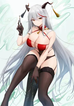 1girl aegir__azur_lane aegir__golden_dragon_among_auspicious_clouds__azur_lane aqua_background armlet azur_lane bare_arms bare_shoulders between_legs black_garter_straps black_panties breasts brown_gloves brown_thighhighs china_dress chinese_clothes cleavage closed_mouth collar criss_cross_halter demon_horns detached_collar dragon_print dress earrings feet_out_of_frame garter_straps gloves grey_hair hair_between_eyes halter_dress halterneck hand_between_legs holding holding_paintbrush horn_ornament horns jewelry kafeifeifeifeifeifei_jiemo_jun large_breasts legs long_hair looking_at_viewer multicolored_hair neck_tassel official_alternate_costume paintbrush panties pelvic_curtain red_collar red_hair revealing_clothes sideless_outfit sidelocks single_earring skindentation sleeveless sleeveless_dress smile solo streaked_hair string_panties tassel thighhighs thighs two_tone_hair underwear very_long_hair yellow_eyes