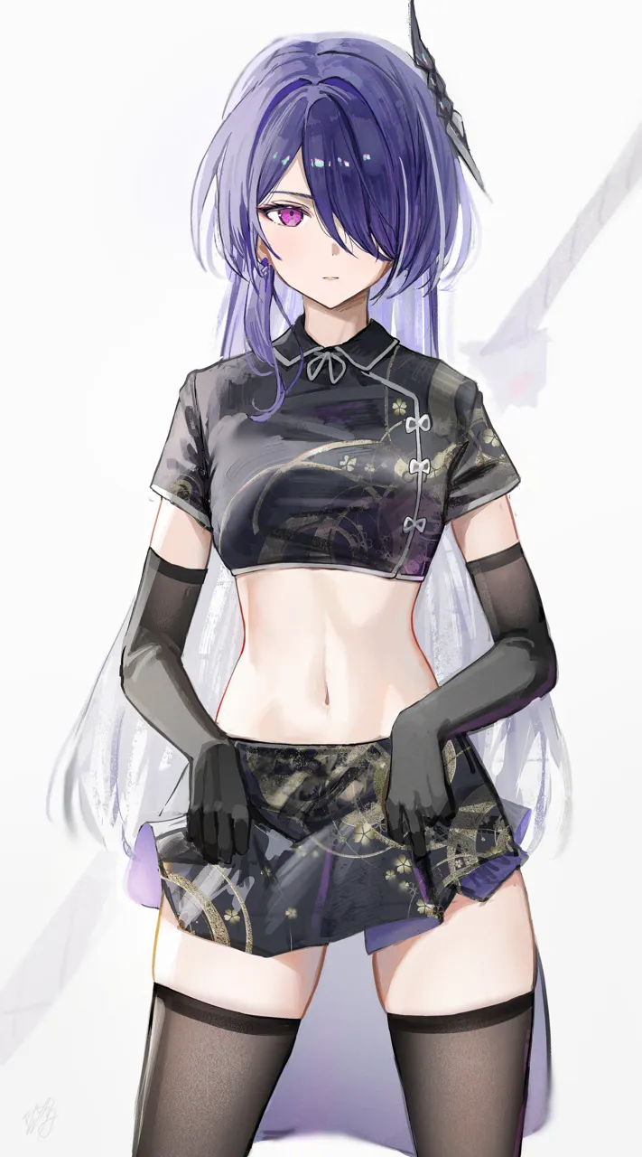 1girl alternate_costume black_shirt black_skirt black_thighhighs chinese_clothes cowboy_shot crop_top cropped_shirt elbow_gloves gloves grey_background hair_over_one_eye long_hair looking_at_viewer midriff miniskirt multicolored_hair navel purple_eyes purple_hair shirt skirt skirt_set solo standing stomach streaked_hair thighhighs thighs very_long_hair hidulume honkai__star_rail honkai__series acheron__honkai__star_rail