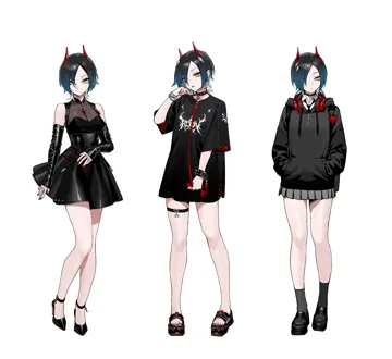 1girl alternate_costume azur_lane backpack bag bare_shoulders black_dress black_footwear black_hoodie black_nails black_shirt bracelet breasts choker cleavage collar collared_shirt corset detached_sleeves dress earrings full_body hair_over_one_eye hands_in_pocket headphones headphones_around_neck high_heels holding holding_leash hood hood_down hoodie horns jewelry leash looking_at_viewer medium_breasts miniskirt multiple_views ohisashiburi platform_footwear pleated_skirt red_nails shirt short_hair sidelocks simple_background skirt sleeveless sleeveless_dress slit_pupils socks strappy_heels thigh_strap tongue tongue_out ulrich_von_hutten__azur_lane white_background white_shirt yellow_eyes