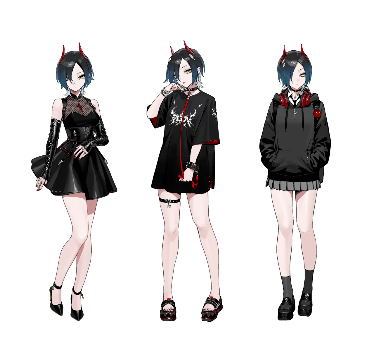 1girl alternate_costume azur_lane backpack bag bare_shoulders black_dress black_footwear black_hoodie black_nails black_shirt bracelet breasts choker cleavage collar collared_shirt corset detached_sleeves dress earrings full_body hair_over_one_eye hands_in_pocket headphones headphones_around_neck high_heels holding holding_leash hood hood_down hoodie horns jewelry leash looking_at_viewer medium_breasts miniskirt multiple_views ohisashiburi platform_footwear pleated_skirt red_nails shirt short_hair sidelocks simple_background skirt sleeveless sleeveless_dress slit_pupils socks strappy_heels thigh_strap tongue tongue_out ulrich_von_hutten__azur_lane white_background white_shirt yellow_eyes
