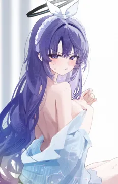 1girl animal_print aqua_pajamas black_halo breasts cat_print hairband halo light_frown mechanical_halo official_alternate_costume pajamas print_pajamas purple_eyes purple_hair sideboob sleepwear solo white_hairband renn_01 blue_archive yuuka__blue_archive