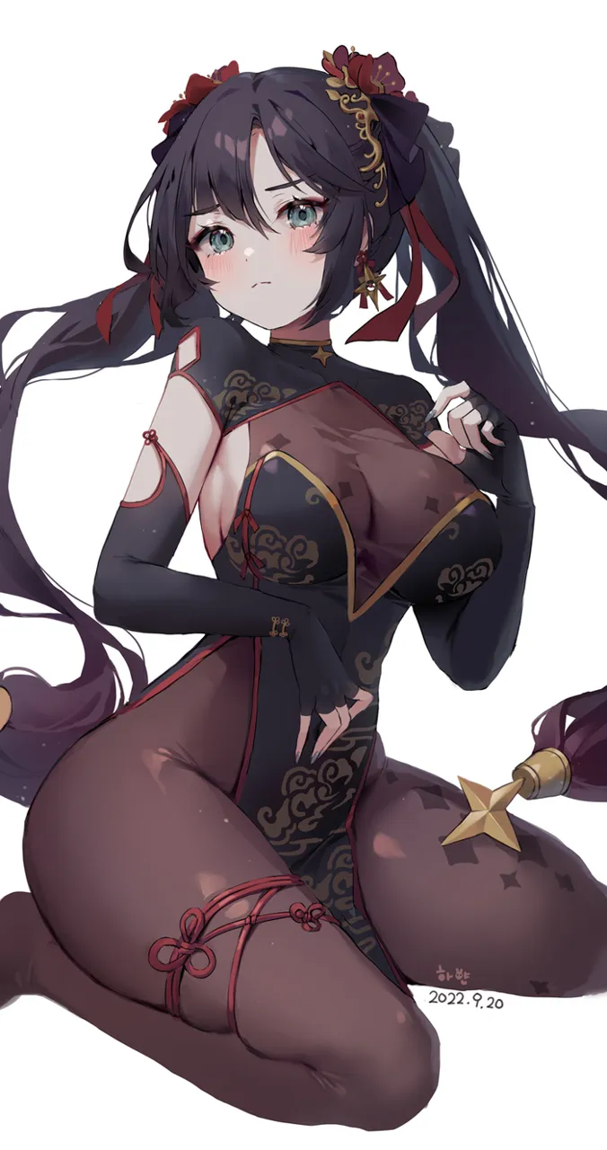 1girl alternate_costume black_bodysuit black_gloves black_hair black_pantyhose blush bodysuit bodysuit_under_clothes breasts china_dress chinese_clothes closed_mouth dated dress elbow_gloves fingerless_gloves floating_hair flower_knot genshin_impact gloves gold_trim green_eyes hair_between_eyes hair_ribbon hayan large_breasts long_hair looking_at_viewer mona__genshin_impact pantyhose pelvic_curtain red_ribbon red_trim ribbon seiza shrug__clothing side_slit simple_background sitting skindentation solo sparkle_print strapless strapless_dress swept_bangs thigh_strap thighs twintails white_background