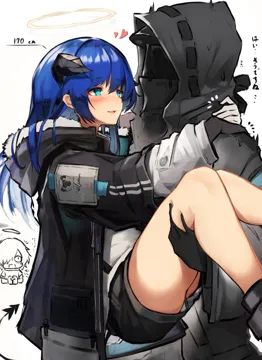 1other 2girls aqua_eyes black_gloves black_horns black_jacket black_shorts blue_hair blush carrying demon_tail gloves halo heart hood horns jacket legs long_hair looking_at_another multiple_girls open_mouth princess_carry shorts simple_background smile tail white_background tab_head arknights doctor__arknights exusiai__arknights mostima__arknights