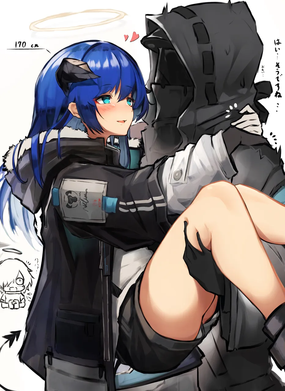 1other 2girls aqua_eyes black_gloves black_horns black_jacket black_shorts blue_hair blush carrying demon_tail gloves halo heart hood horns jacket legs long_hair looking_at_another multiple_girls open_mouth princess_carry shorts simple_background smile tail white_background tab_head arknights doctor__arknights exusiai__arknights mostima__arknights