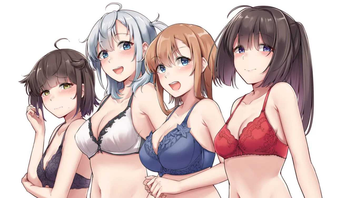 4girls black_bra blue_bra blue_eyes blush bra breasts brown_hair cleavage closed_mouth collarbone grey_hair hair_between_eyes large_breasts long_hair medium_breasts multiple_girls navel one_side_up open_mouth ponytail red_bra short_hair simple_background smile teeth underwear upper_body upper_teeth_only white_background white_bra yellow_eyes kiritto kantai_collection akizuki__kancolle hatsuzuki__kancolle suzutsuki__kancolle teruzuki__kancolle