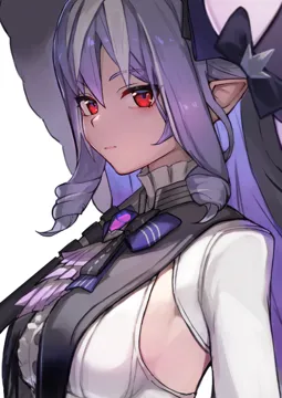 1girl breast_curtains breasts closed_mouth collar frilled_collar frills holding holding_umbrella long_hair looking_at_viewer medium_breasts pointy_ears purple_hair purple_ribbon red_eyes ribbon shirt sideboob simple_background solo umbrella upper_body white_background white_shirt satonoko zenless_zone_zero vivian__zenless_zone_zero