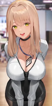 1girl black_choker black_skirt blonde_hair blurry blurry_background breasts brown_pantyhose choker cleavage collared_shirt cowboy_shot daon_art99 depth_of_field dress_shirt green_eyes id_card indoors large_breasts leaning long_hair long_sleeves looking_at_viewer necktie object_on_breast office_lady official_alternate_costume open_mouth pantyhose pencil shirt skirt slit_pupils smile solo standing white_shirt goddess_of_victory__nikke emma__nikke