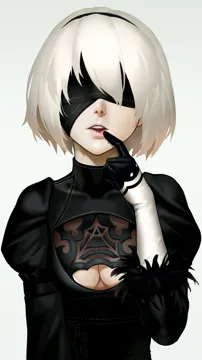 1girl black_blindfold black_dress blindfold breasts cleavage_cutout clothing_cutout covered_eyes dress facing_viewer finger_to_mouth gloves hairband lips medium_breasts mole mole_under_mouth nose open_mouth pale_skin short_hair simple_background solo teeth upper_body white_gloves white_hair as109 nier_automata nier__series 2b__nier_automata