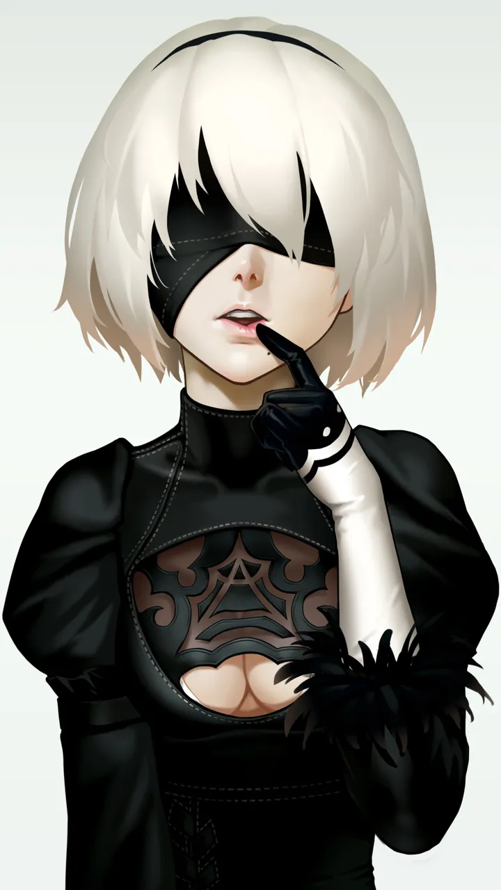 1girl black_blindfold black_dress blindfold breasts cleavage_cutout clothing_cutout covered_eyes dress facing_viewer finger_to_mouth gloves hairband lips medium_breasts mole mole_under_mouth nose open_mouth pale_skin short_hair simple_background solo teeth upper_body white_gloves white_hair as109 nier_automata nier__series 2b__nier_automata