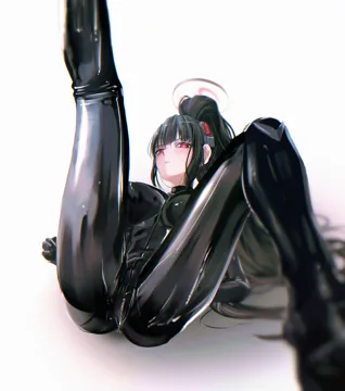 1girl black_bodysuit black_hair blunt_bangs blurry blurry_foreground blush bodysuit breasts bright_pupils crotch_zipper hair_ornament halo knee_up large_breasts latex latex_bodysuit leg_up legs long_hair looking_at_viewer lying multicolored_halo on_back ponytail red_eyes shiny_clothes skin_tight solo spread_legs thighs two_tone_halo very_long_hair white_background white_pupils zipper_pull_tab taaakaaaa blue_archive rio__blue_archive rio__bodysuit__blue_archive