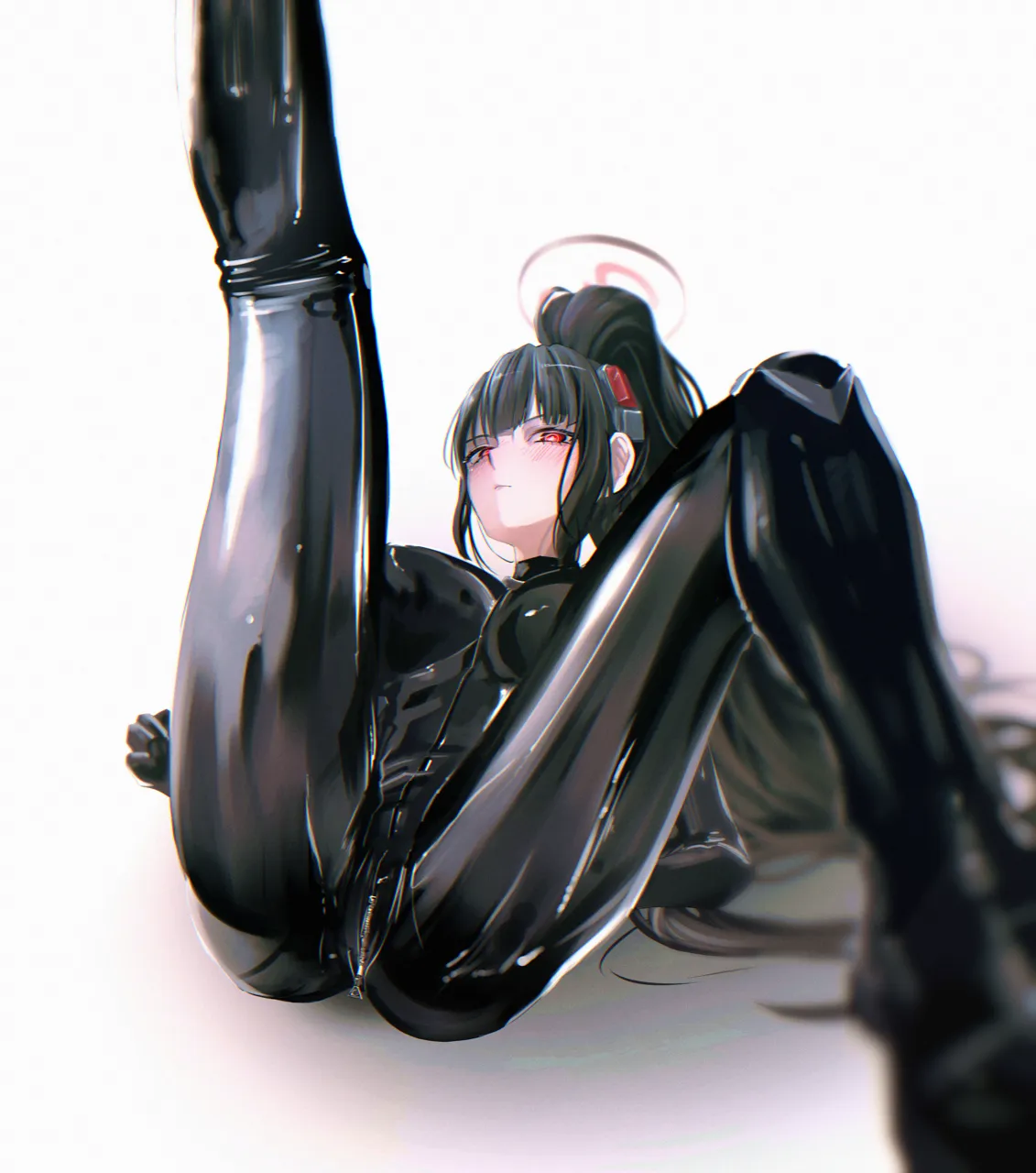 1girl black_bodysuit black_hair blunt_bangs blurry blurry_foreground blush bodysuit breasts bright_pupils crotch_zipper hair_ornament halo knee_up large_breasts latex latex_bodysuit leg_up legs long_hair looking_at_viewer lying multicolored_halo on_back ponytail red_eyes shiny_clothes skin_tight solo spread_legs thighs two_tone_halo very_long_hair white_background white_pupils zipper_pull_tab taaakaaaa blue_archive rio__blue_archive rio__bodysuit__blue_archive