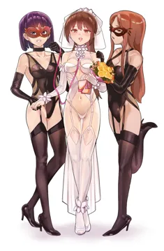 3girls bare_shoulders bdsm bondage bondage_outfit bound bra breasts bridal_veil bride brown_eyes brown_hair dominatrix domino_mask dress elbow_gloves femdom flower full_body girl_sandwich gloves high_heels holding holding_leash leash long_hair looking_at_viewer mask masquerade_mask multiple_girls navel nontraditional_wedding_dress open_mouth panties revealing_clothes rose sandwiched stomach strapless thighhighs underwear veil wedding_dress white_dress white_flower white_gloves white_rose white_thighhighs yuri yewang19 yu_xuan__yewang19