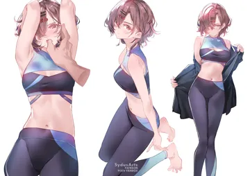 1boy 1girl armpits arms_up artist_name bare_shoulders barefoot black_pants blush brown_hair closed_mouth crop_top fanbox_username finger_in_another_s_mouth hair_ornament hair_over_one_eye hairclip high_waist_pants higuchi_madoka idolmaster idolmaster_shiny_colors jacket kneeling leggings looking_at_viewer midriff mole mole_under_eye multiple_views navel open_mouth pants patreon_username pigeon_toed pov pov_hands purple_eyes short_hair solo_focus sportswear standing swept_bangs sydus tank_top tight_clothes tight_pants toes undressing yoga_pants
