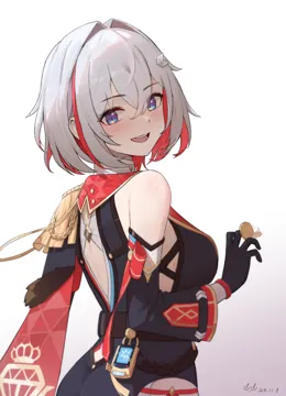 1girl back_cutout black_gloves blue_eyes breasts clothing_cutout coin colored_inner_hair epaulettes gloves grey_hair hair_ornament holding holding_coin looking_at_viewer looking_back multicolored_hair single_bare_shoulder single_epaulette smile solo hasu_no_shiro honkai__star_rail honkai__series topaz__honkai__star_rail