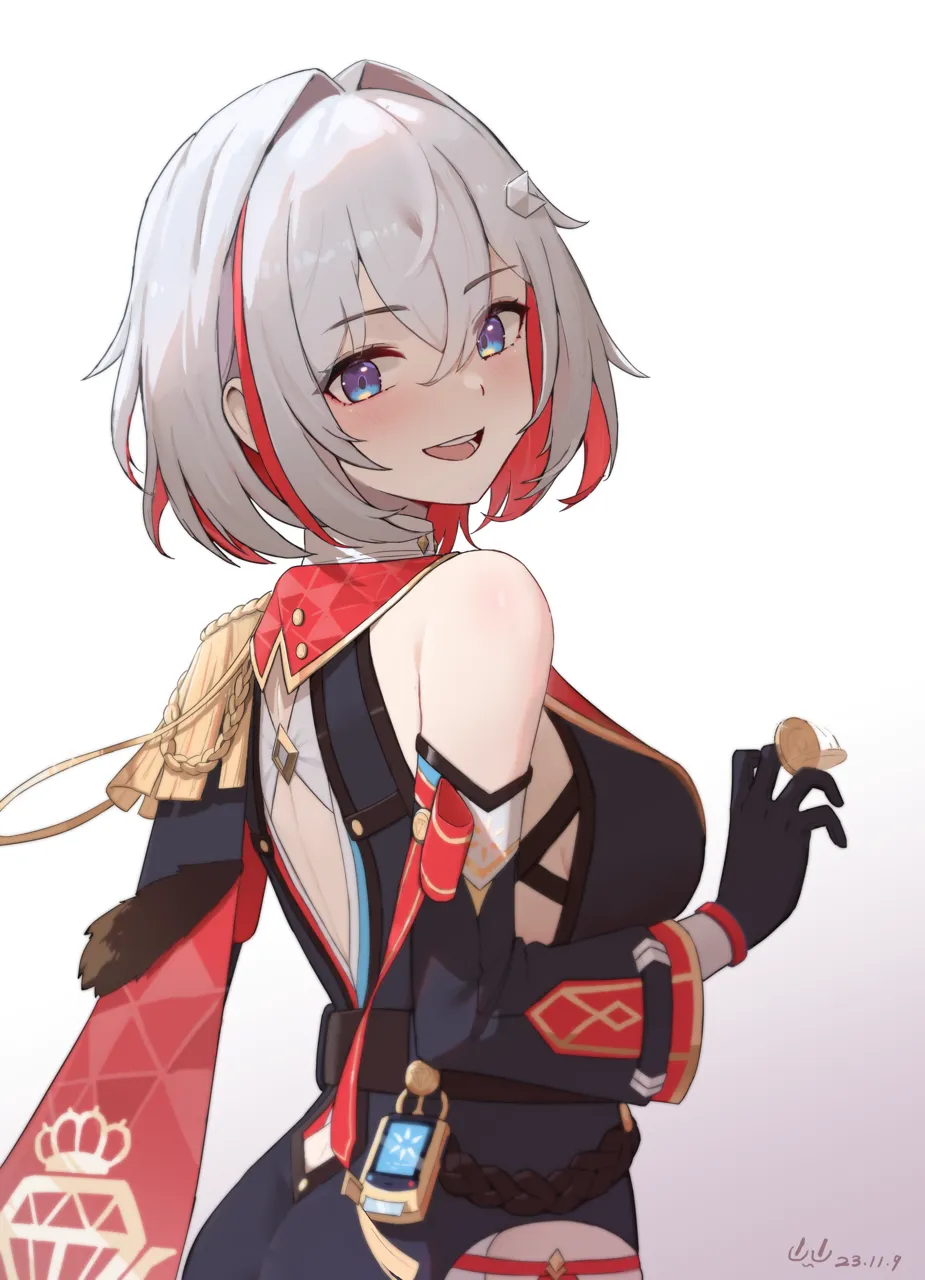 1girl back_cutout black_gloves blue_eyes breasts clothing_cutout coin colored_inner_hair epaulettes gloves grey_hair hair_ornament holding holding_coin looking_at_viewer looking_back multicolored_hair single_bare_shoulder single_epaulette smile solo hasu_no_shiro honkai__star_rail honkai__series topaz__honkai__star_rail