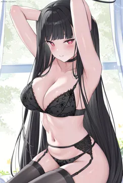 1girl alternate_costume armpits arms_up artist_name black_bra black_choker black_hair black_panties black_thighhighs blue_archive blush bra breasts bright_pupils choker collarbone cowboy_shot garter_belt halo indoors large_breasts long_hair looking_at_viewer navel open_mouth panties presenting_armpit red_eyes ringed_eyes rio__blue_archive rosumerii solo stomach thighhighs underwear white_pupils