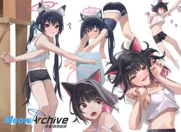 1girl animal_ears arms_up bare_arms bare_shoulders black_hair black_shorts blurry blurry_foreground blush camisole cat_ears crop_top crop_top_overhang depth_of_field dolphin_shorts long_hair looking_at_viewer midriff multicolored_hair multiple_girls multiple_views navel open_mouth red_eyes red_hair short_shorts shorts sleeveless sleeveless_shirt stomach blue_archive kazusa__blue_archive