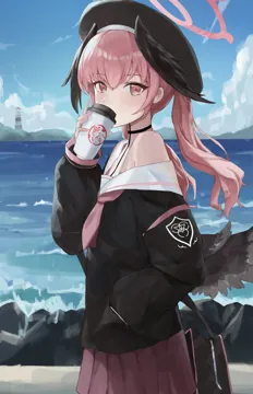 1girl bag beret black_bag black_choker black_hat black_shirt black_wings choker cowboy_shot cup day disposable_cup drinking feathered_wings halo hand_in_pocket hat head_wings holding holding_cup long_hair looking_at_viewer low_wings neckerchief off_shoulder outdoors pink_eyes pink_hair pink_neckerchief pink_skirt pleated_skirt sailor_collar sailor_shirt satchel school_uniform serafuku shirt shore skirt solo twintails water white_sailor_collar wings jiang_zhuti_jiojio blue_archive koharu__blue_archive