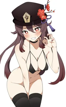 1girl alternate_breast_size between_legs black_choker black_thighhighs bottomless breasts brown_hair choker claw_pose cleavage coro_fae flower flower_shaped_pupils genshin_impact grin hair_between_eyes hand_between_legs hat hat_flower hu_tao__genshin_impact long_hair looking_at_viewer red_eyes simple_background smile solo symbol_shaped_pupils thighhighs white_background