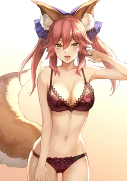 1girl animal_ear_fluff animal_ears arm_up artist_name bow bra breasts cleavage collarbone cowboy_shot fate__series fate_grand_order fox_ears fox_tail hair_between_eyes hair_bow lace_trim lingerie long_hair looking_at_viewer mashuu__neko_no_oyashiro medium_breasts navel open_mouth panties pink_bra pink_hair pink_panties sidelocks signature smile solo standing tail tamamo__fate tamamo_no_mae__fate_extra tsurime twintails twitter_username underwear underwear_only yellow_eyes