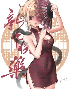 1girl blonde_hair blush braid breasts china_dress chinese_clothes dress earrings fishnets hair_bun hair_ornament hand_fan holding holding_fan jewelry nail_polish pink_eyes side_braid simple_background snake solo standing tattoo white_background keyokku