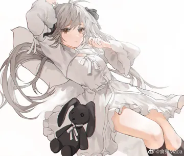 1girl antenna_hair black_jacket black_socks cropped_jacket dress dutch_angle feet_out_of_frame grey_hair hair_spread_out jacket long_hair looking_at_viewer lying on_back simple_background socks solo stuffed_animal stuffed_rabbit stuffed_toy very_long_hair watermark weibo_watermark white_background white_dress yellow_eyes mada__shizhou yosuga_no_sora kasugano_sora__yosuga_no_sora