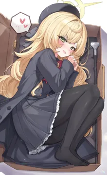 1girl bangs beret black_legwear blonde_hair blush chair dress eyebrows_visible_through_hair green_eyes hair_between_eyes hat heart jacket long_hair long_sleeves looking_at_viewer mole_under_eye no_shoes open_mouth pantyhose red_bow smile solo spoken_heart staff very_long_hair blue_archive professor_niyaniya__blue_archive