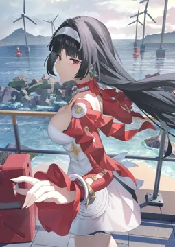1girl black_hair breasts closed_mouth cloud cloudy_sky cowboy_shot dress earrings from_side hairband hands_up jacket jewelry large_breasts long_hair looking_at_viewer outdoors red_eyes red_jacket short_dress sky smile solo white_dress white_hairband wind angel_no_shousou zenless_zone_zero astra_yao__zenless_zone_zero