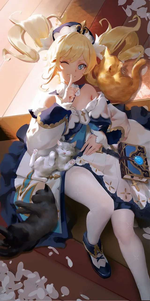 1girl _d animal_hands bare_shoulders black_cat blonde_hair blue_eyes bow bowtie cat cat_paws cross dress drill_hair hair_ornament hat index_finger_raised latin_cross long_sleeves looking_at_viewer on_floor one_eye_closed open_mouth pantyhose smile twin_drills twintails white_dress white_pantyhose wooden_floor ribao genshin_impact barbara__genshin_impact