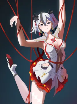 1girl black_eyes black_flower breasts clothing_cutout collar collarbone dress earrings flower gold_earrings hair_between_eyes hair_flower hair_ornament hair_vines high_heels jewelry looking_at_viewer medium_breasts multicolored_hair navel overskirt red_pupils shoes short_hair short_twintails sideless_dress solo stomach_cutout streaked_hair tacet_mark__wuthering_waves twintails white_collar white_dress white_hair white_shoes hazeillusts wuthering_waves camellya__wuthering_waves