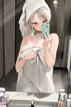 1girl bare_shoulders bathroom blonde_hair blue_eyes blush breasts ceiling_light cellphone cleavage closed_mouth contrapposto counter female_pov hand_on_own_chest holding holding_phone holding_towel indoors large_breasts lillly looking_at_phone mirror naked_towel phone pov reflection reflection_focus see_through_silhouette selfie sink smartphone smile solo standing swept_bangs towel towel_on_head