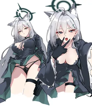 1girl ahoge animal_ear_fluff animal_ears black_dress black_gloves black_panties blue_archive blue_eyes blush breasts cleavage clothes_lift cross_hair_ornament cunnilingus_gesture dress dress_lift extra_ears gloves grey_hair hair_behind_ear hair_intakes hair_ornament halo large_breasts lifting_own_clothes long_hair mismatched_pupils multiple_views open_mouth panties parted_lips shigure_s shiroko__blue_archive shiroko_terror__blue_archive tongue tongue_out underwear very_long_hair wolf_ears